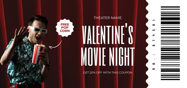 Ontwerpsjabloon van Coupon Din Large van Valentine's Day Movie Night Discount Offer with Man in Glasses