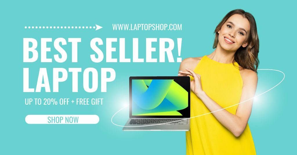 Platilla de diseño Best Selling Laptop with Young Attractive Woman Facebook AD