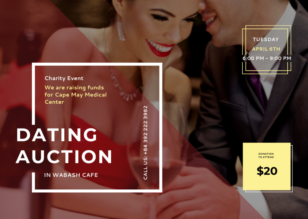 Charity Dating Auction Ad with Smiling Woman and Man Flyer 5x7in Horizontal Design Template