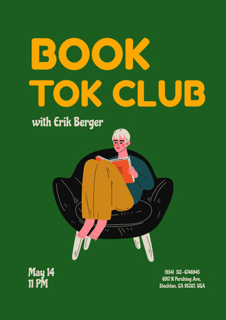 Könyvklub-meghívó lánnyal a karosszéken olvas Poster tervezősablon