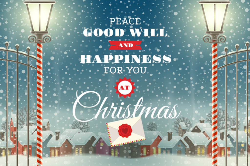 Ontwerpsjabloon van Postcard 4x6in van Celebratory Christmas Wishes With Night Village In Snowfall