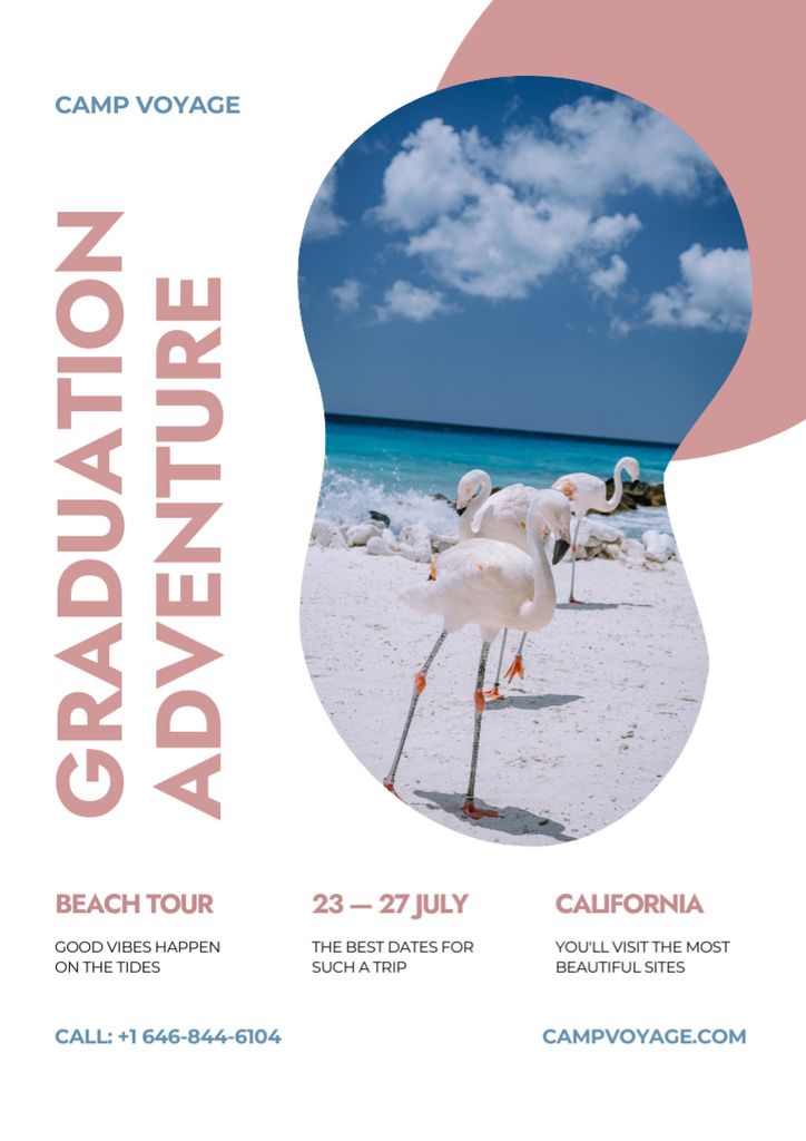 Students Trips Ad with Flamingo on Beach Poster A3 Modelo de Design