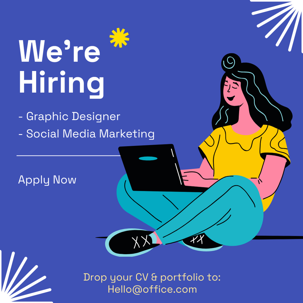 Graphic Designer And SMM Hiring Announcement with Cartoon Woman Instagramデザインテンプレート
