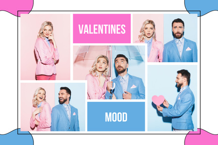 Designvorlage Blaue und rosa Collage mit Paar zum Valentinstag für Mood Board