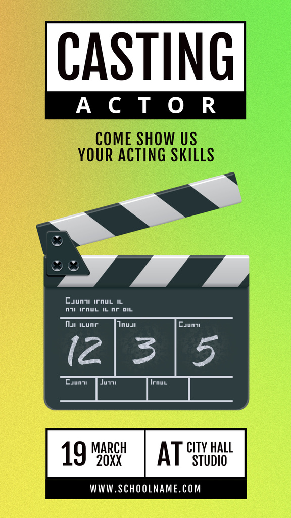 Casting Announcement on Green Gradient with Clapperboard Instagram Story Πρότυπο σχεδίασης