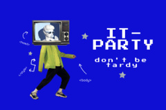 Joyful Party Event with TV-headed Man on Blue