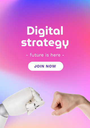 Digital Strategy Ad with Human and Robot Hands Poster Modelo de Design