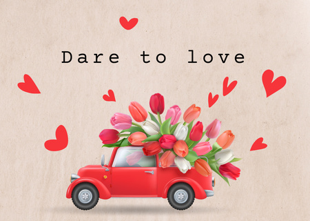 Ontwerpsjabloon van Postcard van Valentijnsdaggroet met bloemen op auto