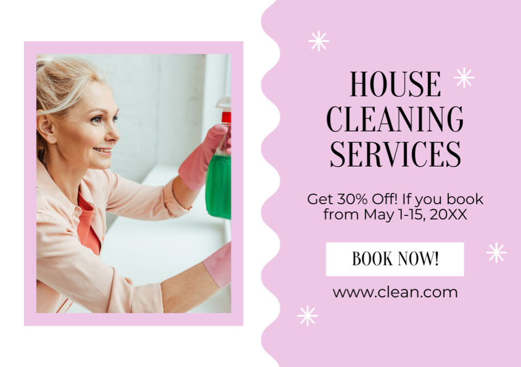 Cleaning Service Offer on Pink Flyer A5 Horizontal Design Template