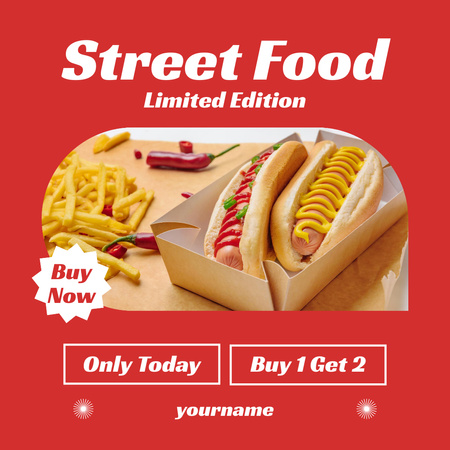 Street Food Ad with Hot Dogs and French Fries Instagram Design Template