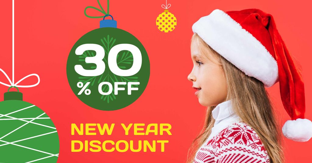 Designvorlage New Year Discount Offer with Cute Child in Santa's Hat für Facebook AD