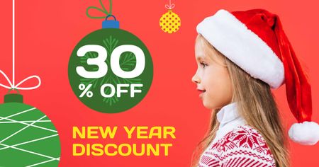 Platilla de diseño New Year Discount Offer with Cute Child in Santa's Hat Facebook AD