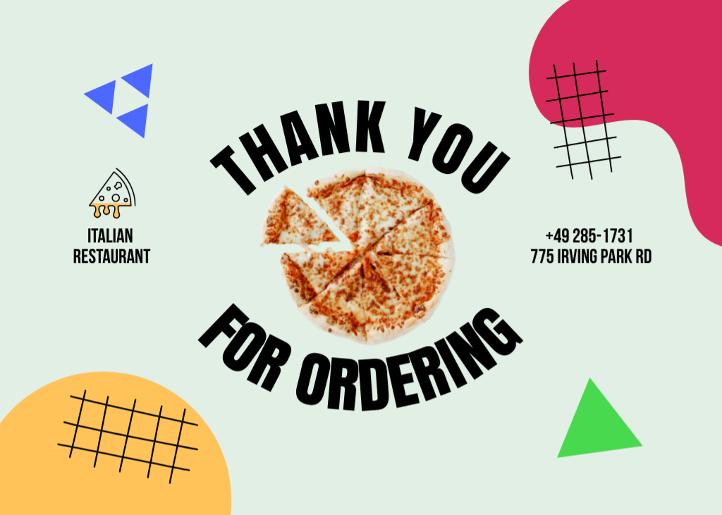 Designvorlage Gratitude for Ordering Pizza in Italian Restaurant für Postcard 5x7in