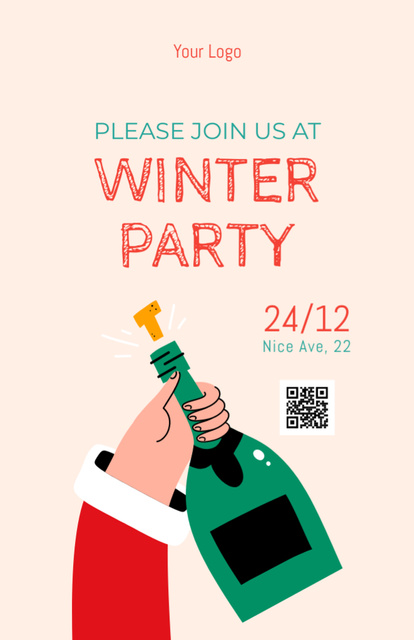 Winter Party Announcement with Bottle of Champagne Invitation 5.5x8.5in Design Template