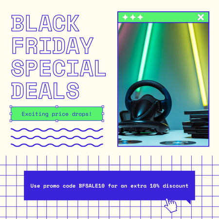 Black Friday mahtavat alennukset pelivarusteista Instagram AD Design Template