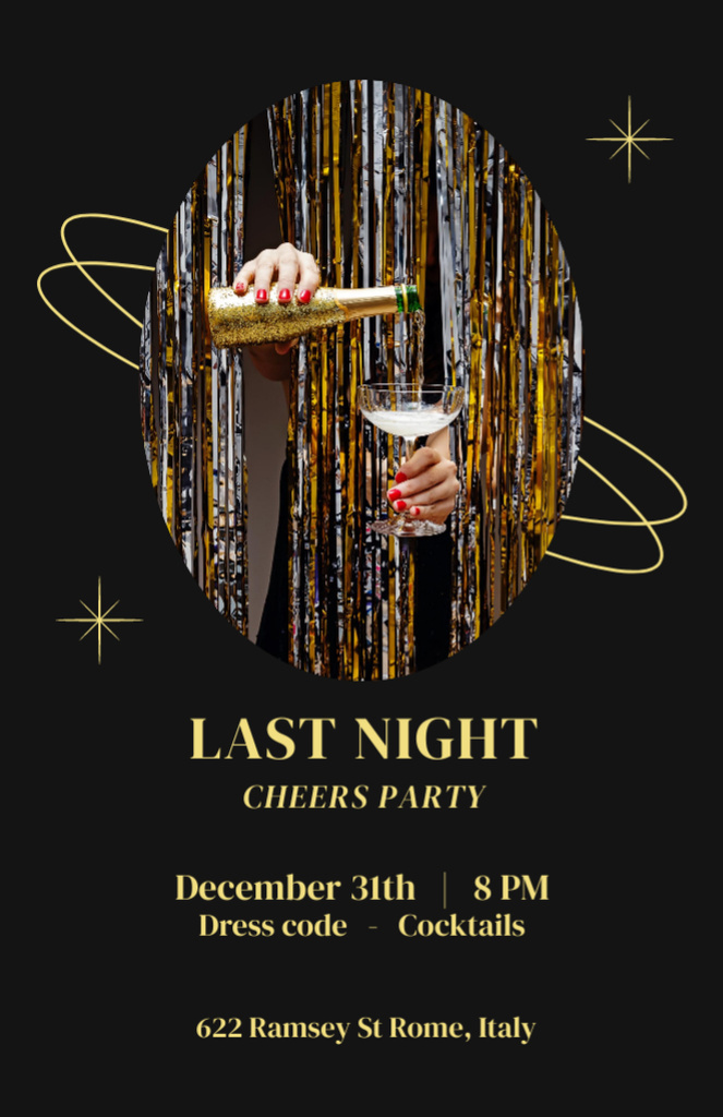 New Year Party Announcement on Black and Golden Invitation 5.5x8.5in Design Template
