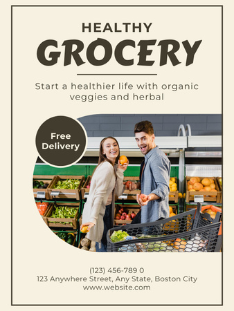Designvorlage Lebensmittel-Lieferservice-Anzeige mit lächelndem Paar im Supermarkt für Poster US
