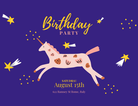 Designvorlage Birthday Party Announcement with Cute Unicorn für Invitation 13.9x10.7cm Horizontal