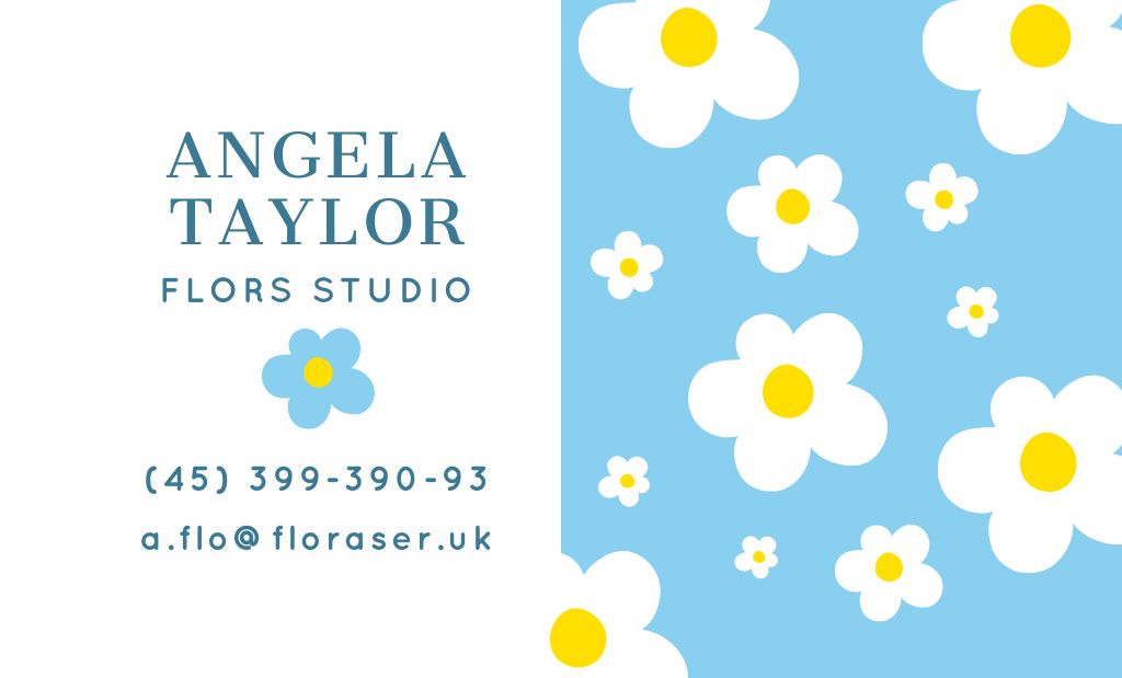 Florist Studio Ad with Cartoon Daisies Business Card 91x55mm Modelo de Design