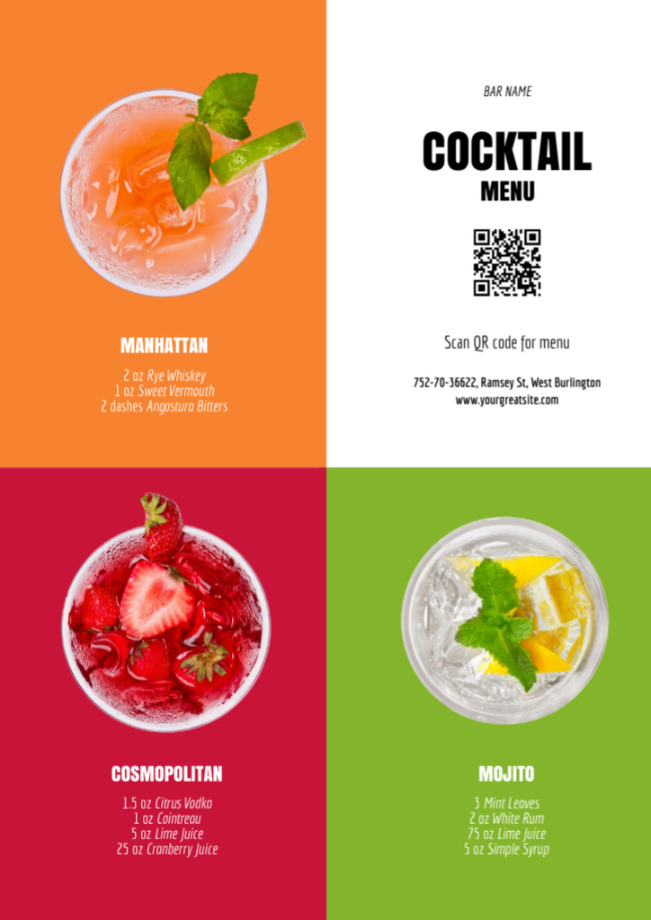 Bright Colorful Summer Cocktails Menu Design Template