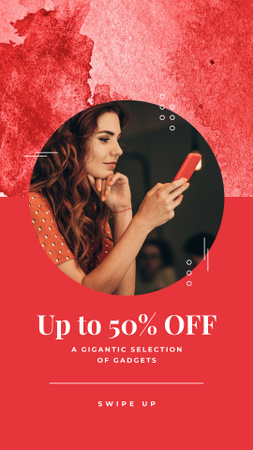 Gadgets Sale Ad with Woman using Phone Instagram Story Design Template
