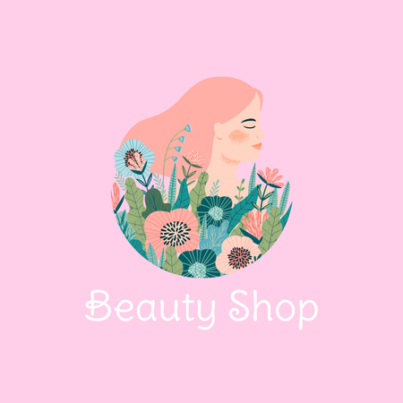 Beauty Shop Ad with Woman in Flowers Logo 1080x1080px Design Template