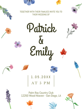 Designvorlage Nette Hochzeitsmitteilung mit Aquarellblumen für Poster US