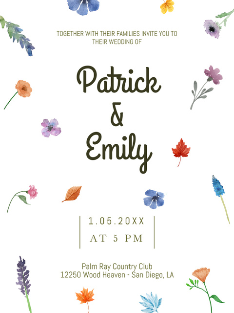 Cute Wedding Announcement with Watercolor Flowers Poster USデザインテンプレート