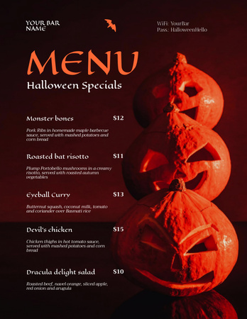 Halloween Food Specials Ad with Scary Pumpkins Menu 8.5x11in Design Template