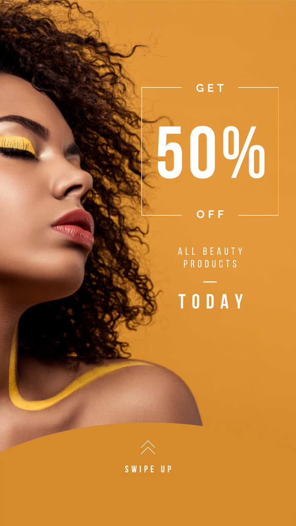 Beauty Products Ad with Woman with Yellow Makeup Instagram Story Modelo de Design