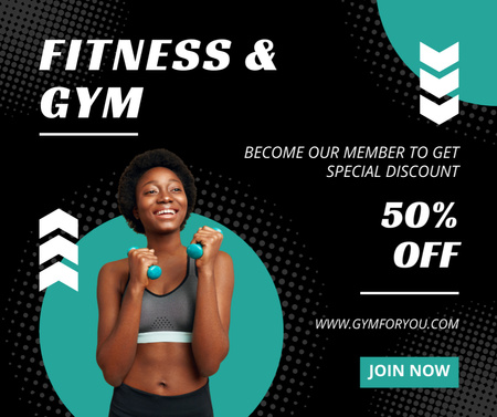 Fitness Center Ad with Young African American Woman Facebook Design Template