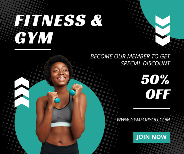 Fitness Center Ad with Young African American Woman Facebook Tasarım Şablonu
