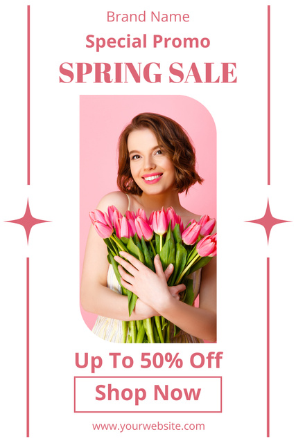 Spring Sale Offer with Woman with Pink Tulip Bouquet Pinterest tervezősablon