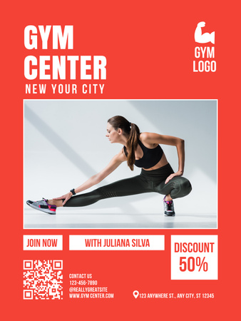 Plantilla de diseño de Anuncio de centro de gimnasio con mujer haciendo ejercicios de estiramiento Poster US 