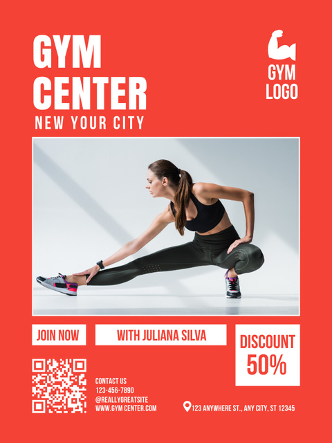 Gym Center Ad with Woman Doing Stretching Exercises Poster US Tasarım Şablonu