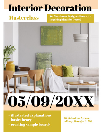 Plantilla de diseño de Interior Decoration Masterclass Ad with Modern Living Room Interior Flyer 8.5x11in 