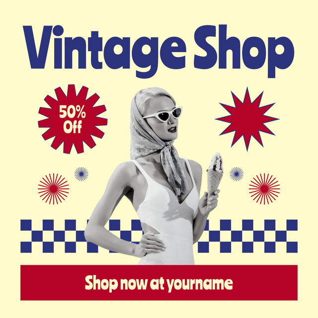 Retro woman of 60s for vintage shop Instagram AD Design Template