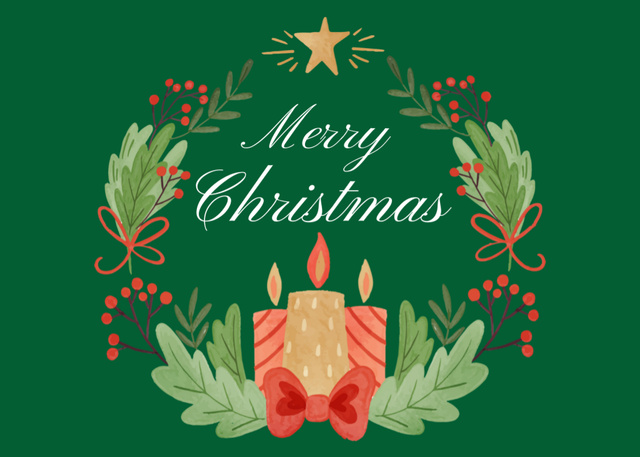 Plantilla de diseño de Christmas Greeting with Wreath and Candles Postcard 5x7in 