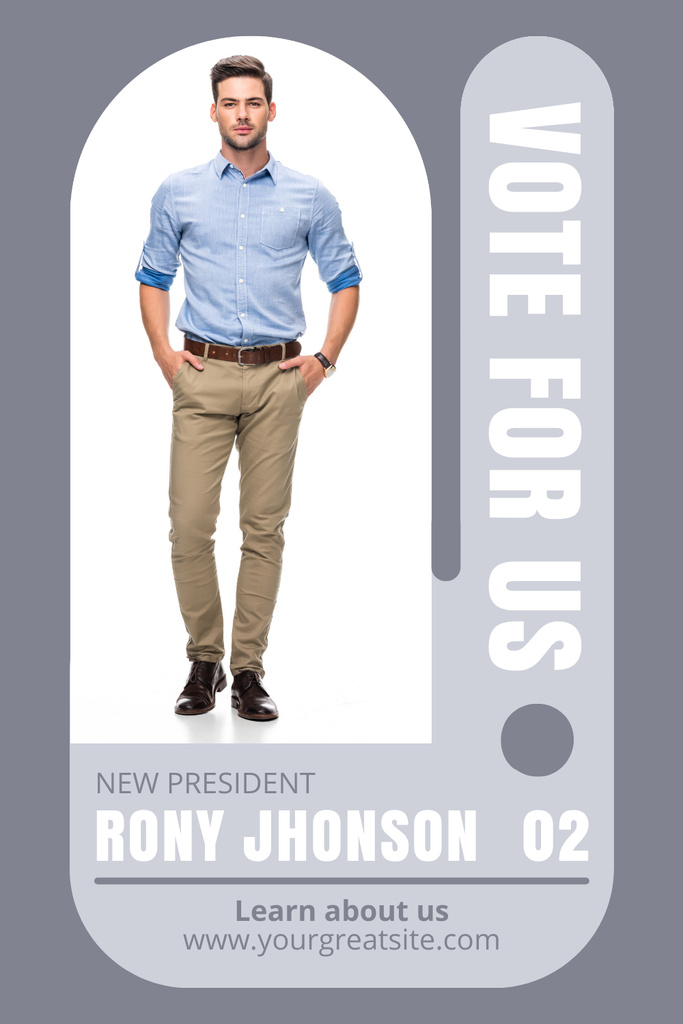 Modèle de visuel Vote For Us with Young Handsome Man - Pinterest
