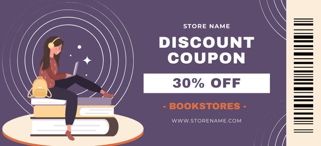 Designvorlage Young Reader on Purple Ad of Bookstore's Discount für Coupon 3.75x8.25in