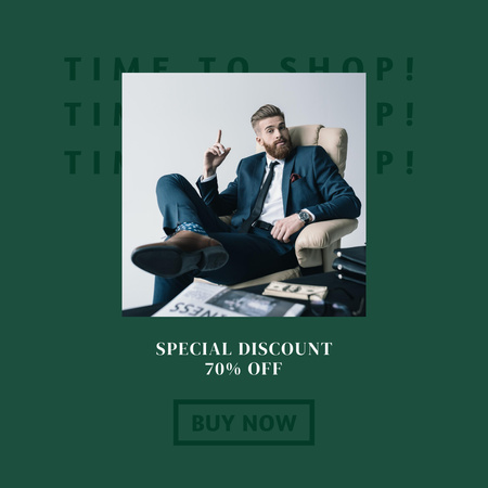 Discount Ad with Stylish Handsome Man in Suit Instagram Design Template