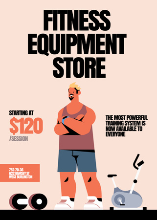 Reklama na obchod s fitness vybavením s mužem v tělocvičně Flayer Šablona návrhu