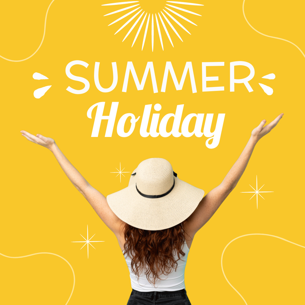 Summer Holiday Announcement with Woman in Straw Hat Instagram Modelo de Design
