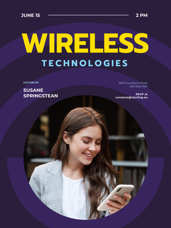 Ontwerpsjabloon van Poster US van Modern technologieoverzicht met vrouw die smartphone gebruiken