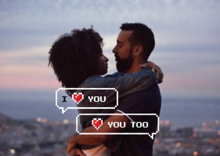 Platilla de diseño Couple in city hugging on Valentine's Day Card