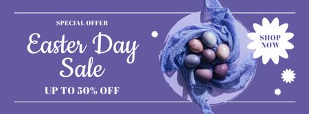 Húsvéti kiárusítás lila színben festett húsvéti tojásokkal Facebook cover tervezősablon