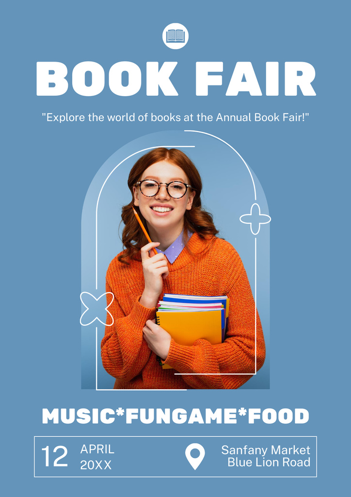 Book Fair Ad with Happy Reader on Blue Poster Tasarım Şablonu