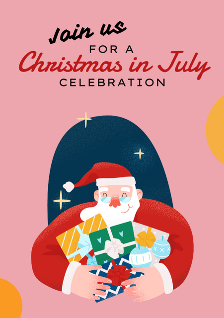 Christmas Celebration in July with Cute Santa on Pink Flyer A5 Design Template