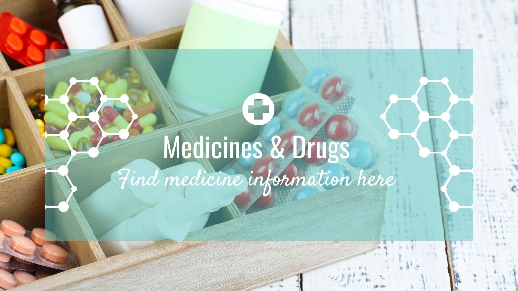 Plantilla de diseño de Medicine information with Pills in box Title 