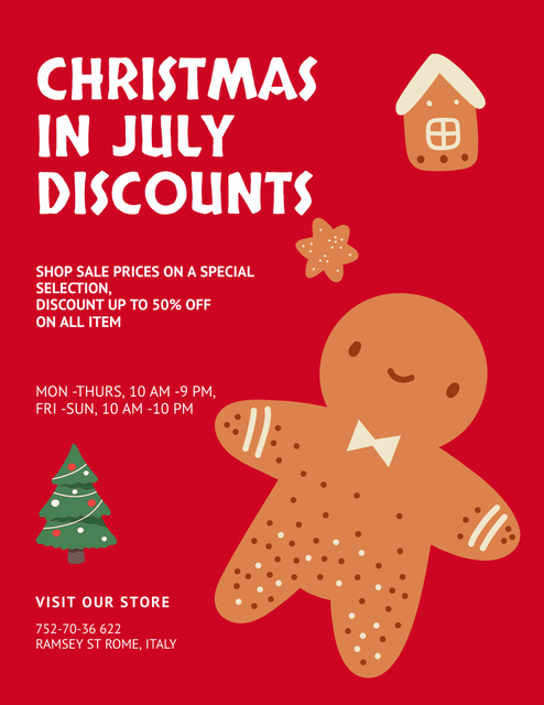 Christmas Discount in July with Cartoon Gingerbread Flyer 8.5x11in Design Template